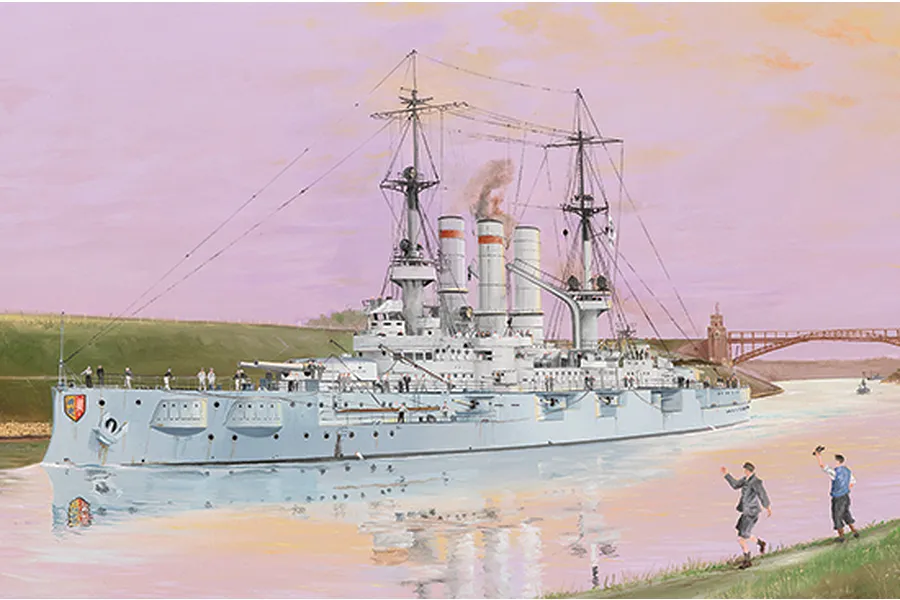 An artistic illustration of the German battleship Schleswig-Holstein sailing through a canal, with people waving from the grassy bank.