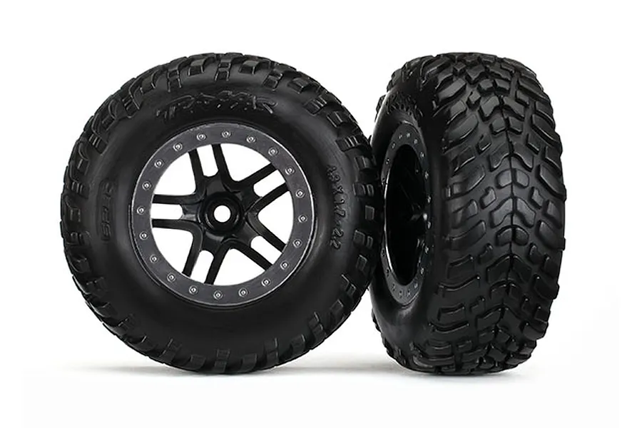 Traxxas 2.2/3.0&amp;quot; Off Road Tyres (S1 Compound) on Black/Satin Chrome Rims - Glued Wheels 2Pcs image 38378