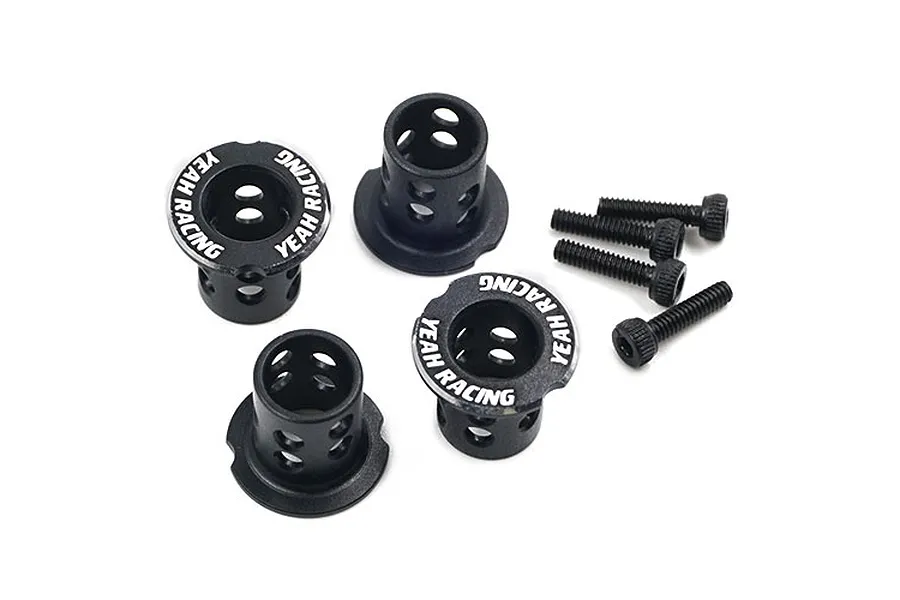 Four black aluminium adjustable body mounts by Yeah Racing with matching black screws on a white background.