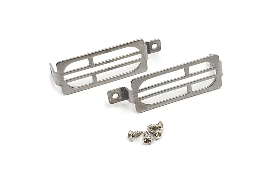 Two stainless steel rear taillight protector grills for an RC car, accompanied by four small mounting screws on a white background.