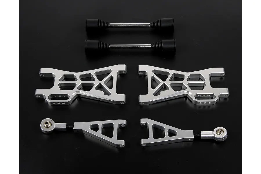 Rovan silver aluminium rear suspension arms and driveshaft upgrade kit for RC cars, featuring two large arms, two smaller arms, and two driveshafts.