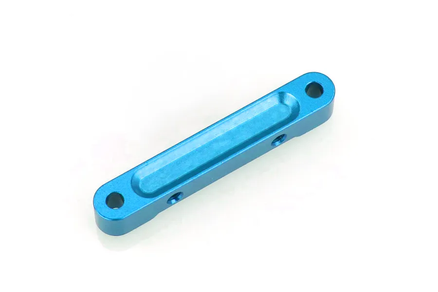 A blue anodized aluminium rear suspension arm pin mount for an RC car, shown from an angled perspective against a white background.