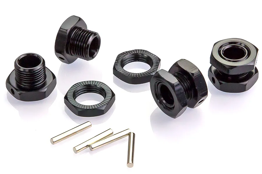 A set of four black aluminium 17mm hex adapters for RC cars, including matching nuts and drive pins on a white background.