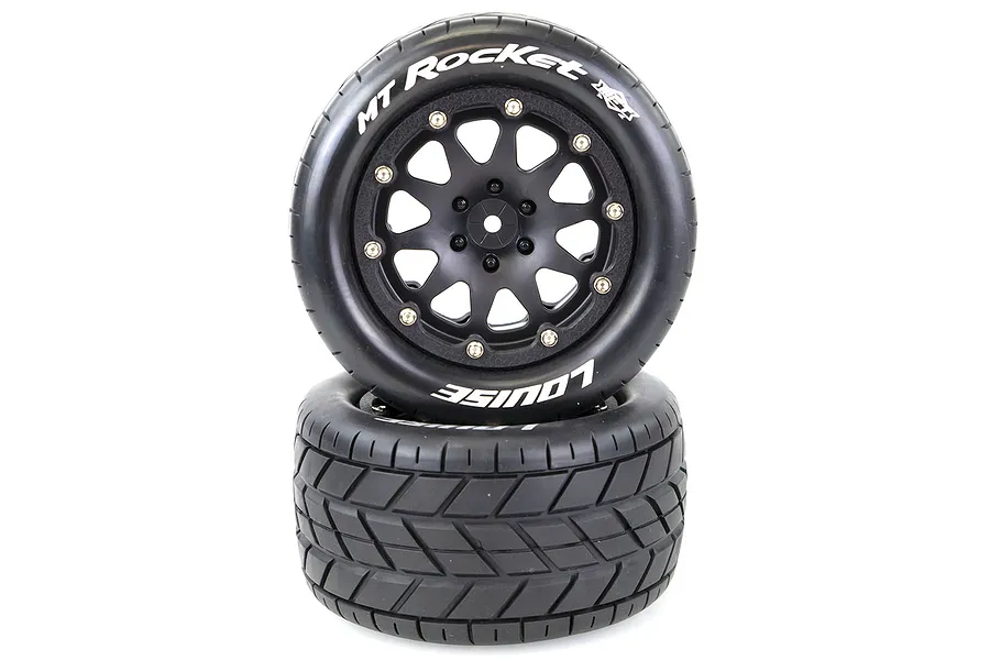 Two Louise MT-Rocket 3.3 inch RC monster truck wheels with black beadlock-style rims and treaded rubber tires stacked on a white background.