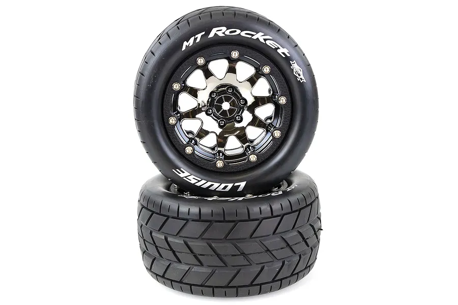 Two Louise MT-Rocket 3.3 inch RC monster truck wheels with black chrome rims stacked on a white background.