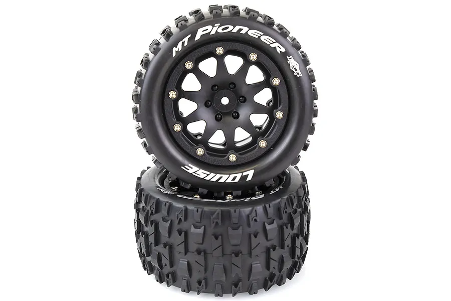 Two Louise MT-Pioneer monster truck wheels stacked on a white background, featuring black rims and aggressive tread patterns.
