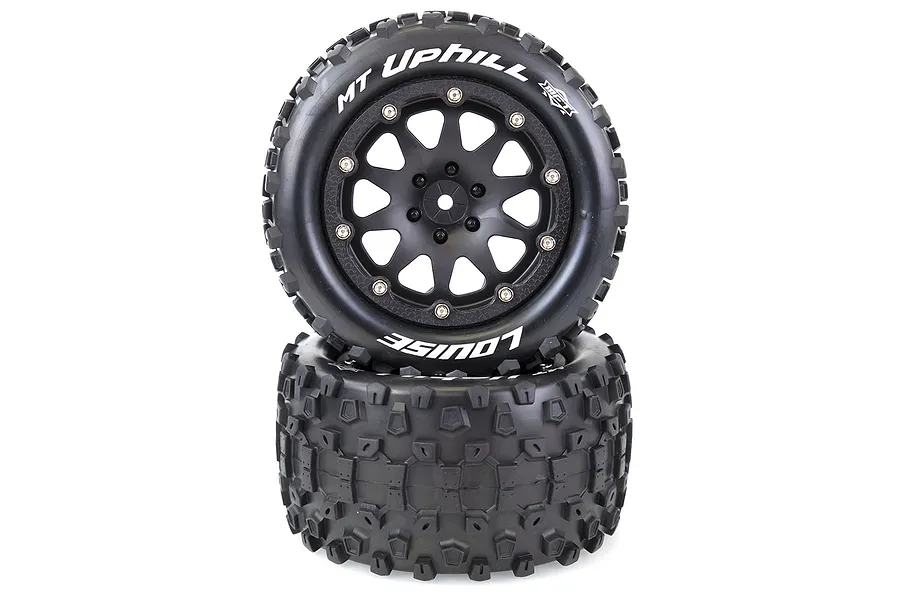 Two Louise 3.3 inch MT-Uphill monster truck tyres mounted on black beadlock-style rims, stacked vertically against a white background.