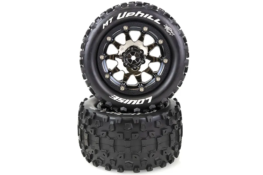 Two Louise 3.3 inch MT-Uphill RC monster truck tyres mounted on black chrome beadlock-style rims, stacked vertically against a white background.