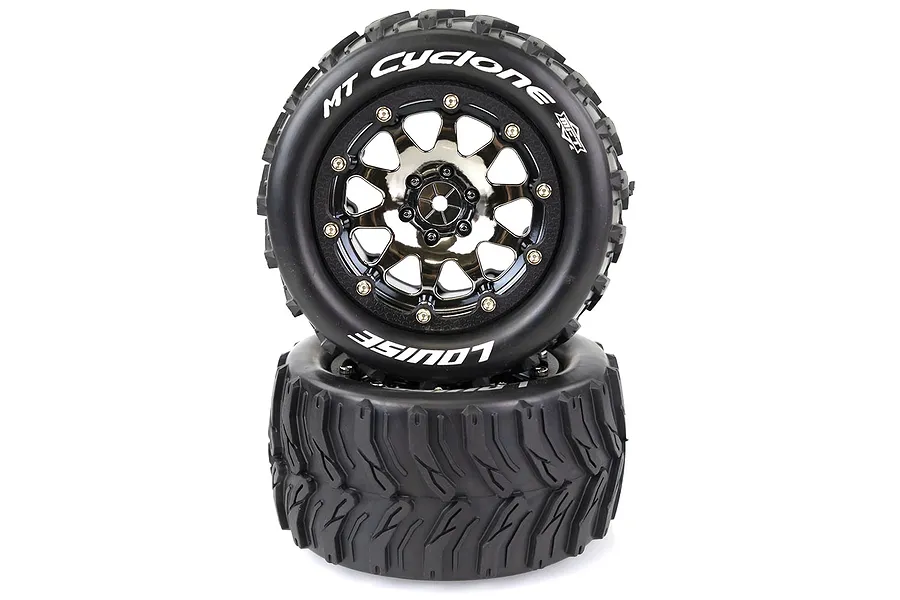 Two Louise 3.3 inch MT-Cyclone monster truck wheels stacked on a white background, featuring black chrome rims and aggressive tread patterns.
