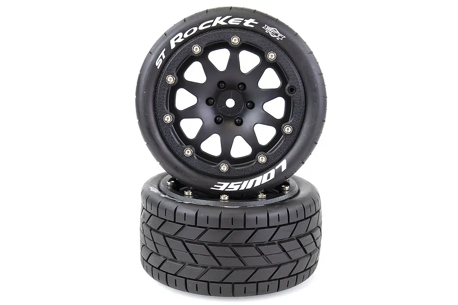 Two Louise 3.3 inch ST-Rocket MFT RC monster truck tyres mounted on black beadlock-style rims, stacked against a white background.