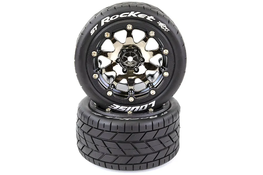 Two Louise ST-Rocket RC stadium truck tyres on black chrome rims stacked against a white background.