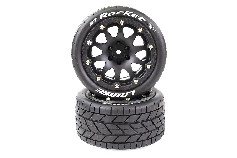 Two Louise ST-Rocket 3.3 inch RC stadium truck tyres mounted on black beadlock-style rims, stacked on a white background.