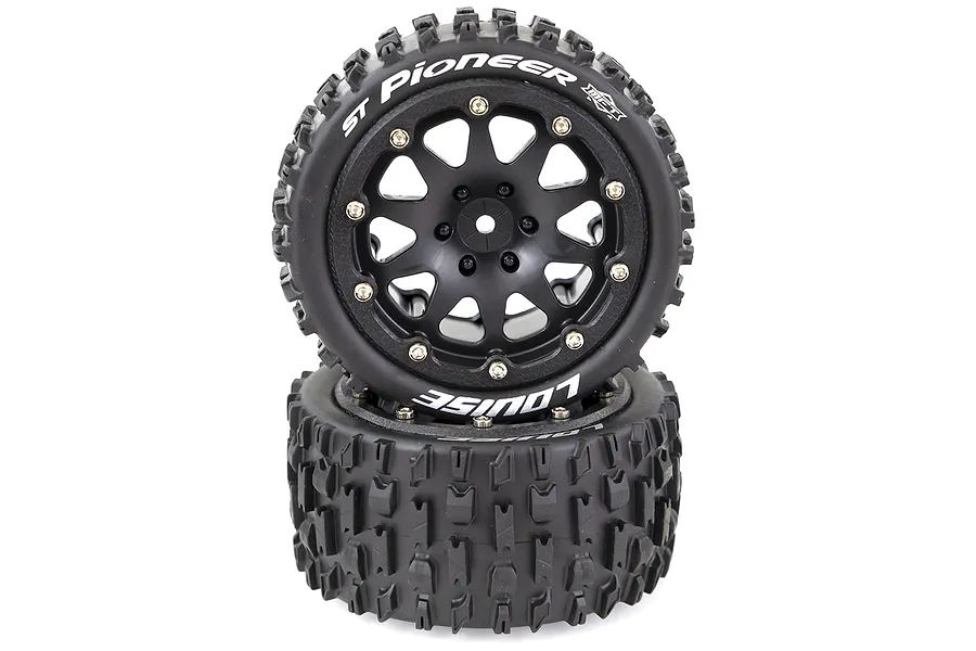Two Louise 3.3 inch ST-Pioneer RC stadium truck tyres mounted on black beadlock-style rims, stacked vertically against a white background.