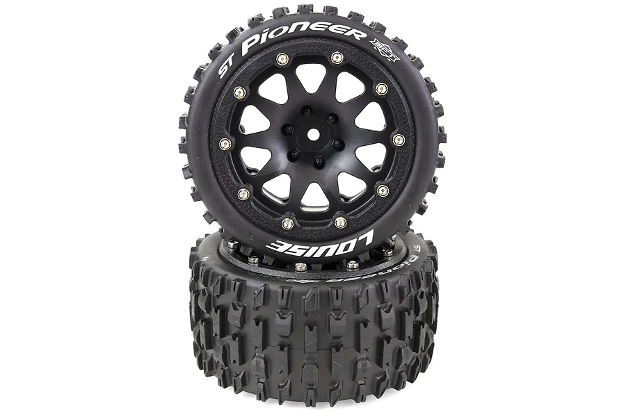 Two Louise 3.3 inch ST-Pioneer MFT RC stadium truck wheels with black rims and aggressive tread patterns stacked on a white background.