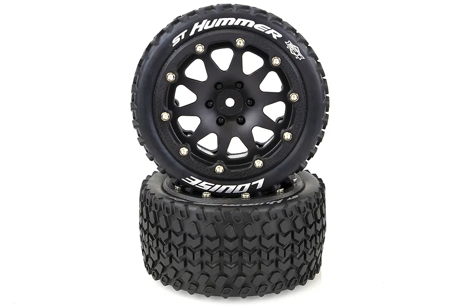 Two Louise 3.3 inch ST-Hummer RC monster truck tires mounted on black beadlock-style rims, stacked vertically against a white background.