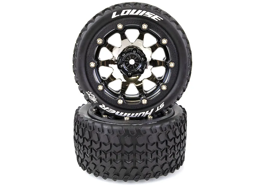 Two Louise 3.3 inch ST-Hummer monster truck wheels with black chrome rims stacked on a white background.