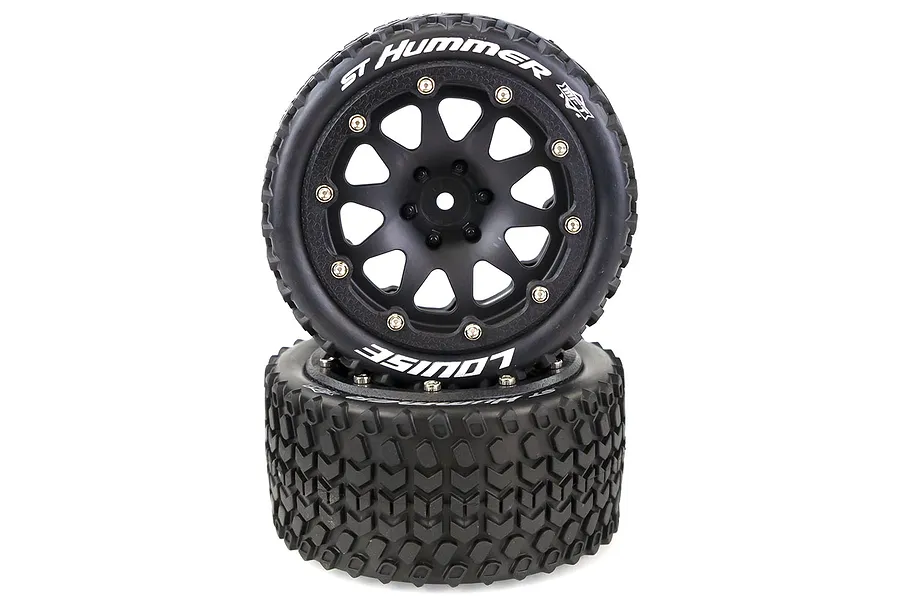 Two Louise 3.3 inch ST-Hummer MFT RC monster truck wheels with black rims and aggressive tread patterns stacked on a white background.