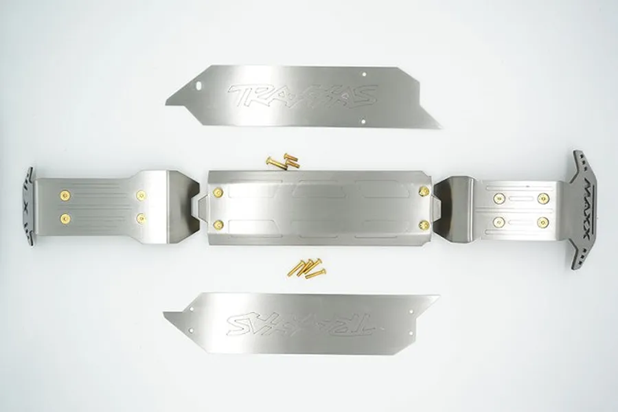 GPM Stainless Steel Maxx 4S Laser Version Front, Centre &amp;amp; Rear Chassis Skid Plate Set w/ Hardware image 39833