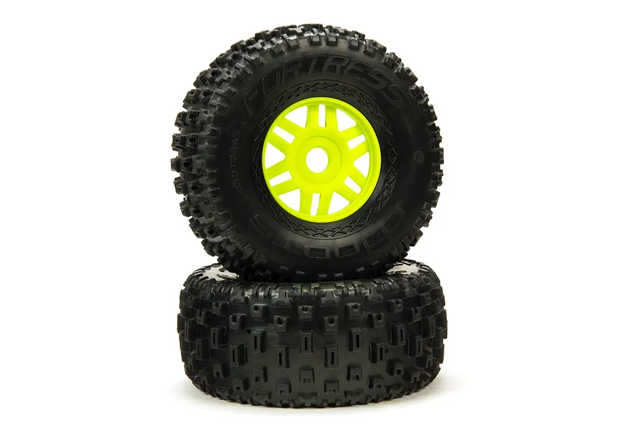ARRMA 2.4/3.4&amp;quot; FORTRESS SC dBoots Tyres on Yellow Rims - Glued Wheels 2Pcs image 39905