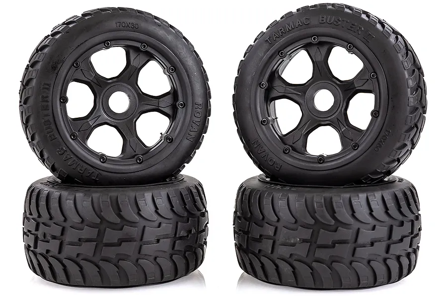 Rovan 4.7/5.5&amp;quot; Baja 5B Tarmac Buster II Tyres on Black Rims - Beadlocked Wheel Set 4Pcs image 40097