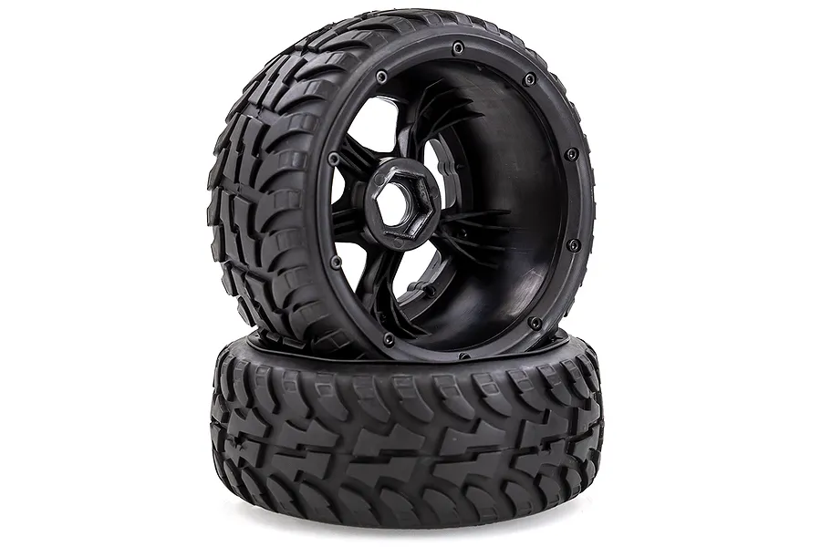 Rovan 4.7/5.5&amp;quot; Baja 5B Tarmac Buster II Tyres on Black Rims - Beadlocked Wheel Set 4Pcs image 40098