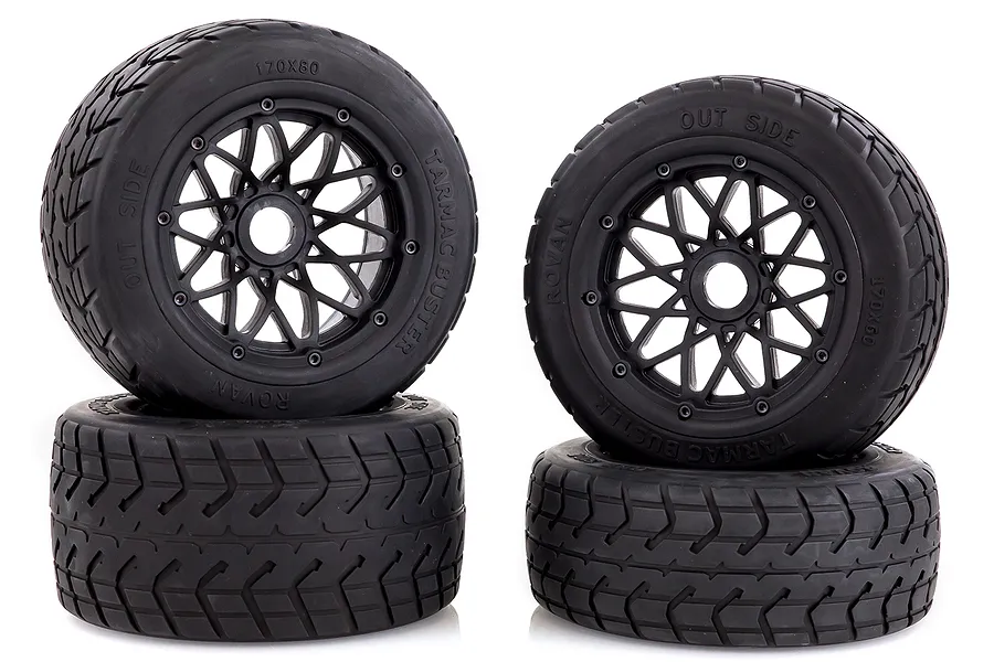 Rovan 4.7/5.5&amp;quot; Baja 5B Tarmac Buster Tyres on Black Mesh Rims - Beadlocked Wheel Set image 40099