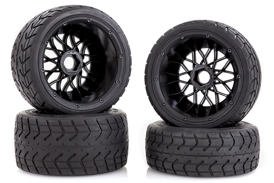 Rovan 4.7/5.5&amp;quot; Baja 5B Tarmac Buster Tyres on Black Mesh Rims - Beadlocked Wheel Set image 40100