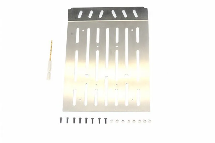 GPM Racing stainless steel tray cover for Traxxas TRX-6 Mercedes, including a drill bit, screws, and nuts on a white background.