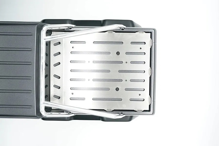 Top-down view of a GPM stainless steel tray cover installed on the bed of an RC truck body.