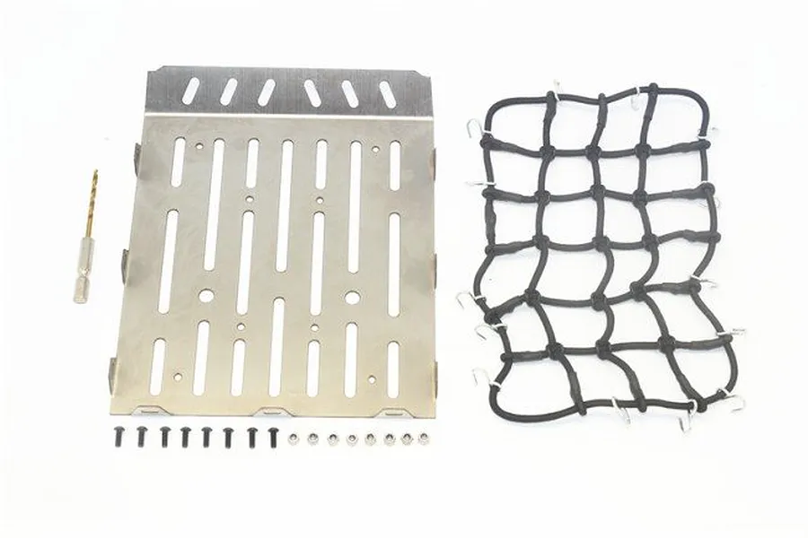 GPM Racing stainless steel tray cover for TRX-6 Mercedes, including a black cargo net, drill bit, and mounting hardware on a white background.