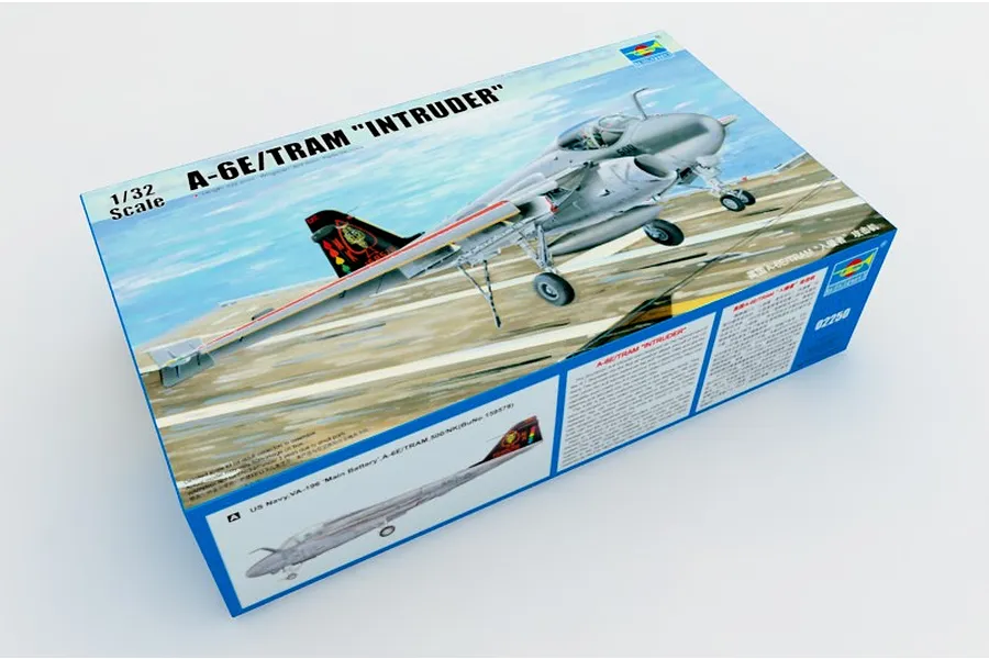 Trumpeter 1/32 scale A-6E/TRAM Intruder plastic model kit box showing artwork of the aircraft on an aircraft carrier deck.