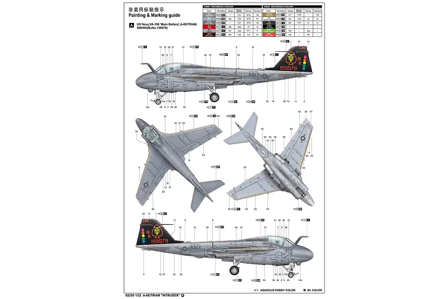 Painting and marking guide for a Trumpeter 1/32 scale A-6E/TRAM Intruder model kit, showing side, top, and bottom views with paint reference charts.
