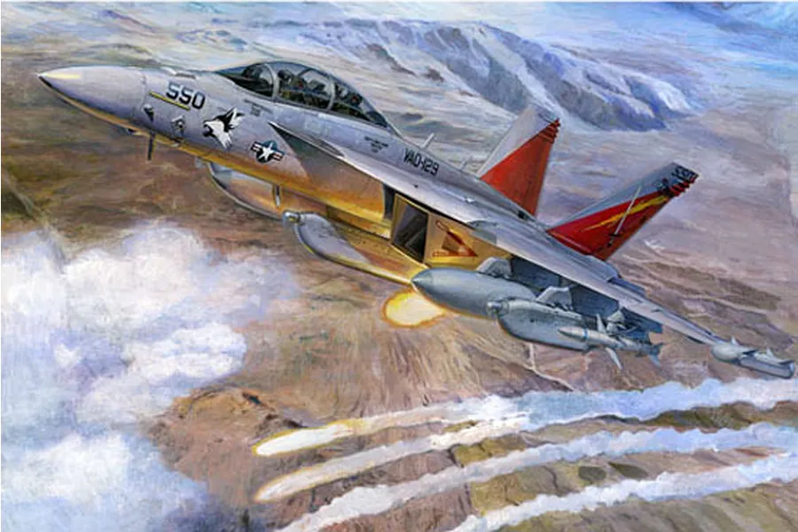 An artistic illustration of a US Navy EA-18G Growler jet in flight over a mountainous landscape, featuring VAQ-129 markings.