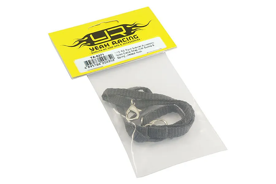 Yeah Racing 1/10 scale black nylon cable strap with metal buckle and spring-loaded hook, packaged in a clear plastic bag with a yellow header card.