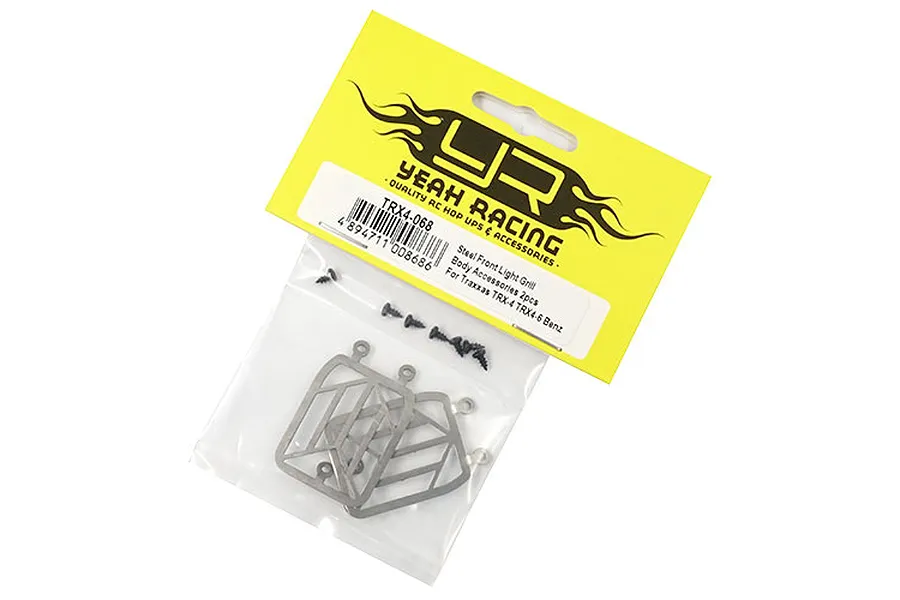 Yeah Racing stainless steel front light grills for Traxxas TRX-4 and TRX-6 in original yellow and white retail packaging.