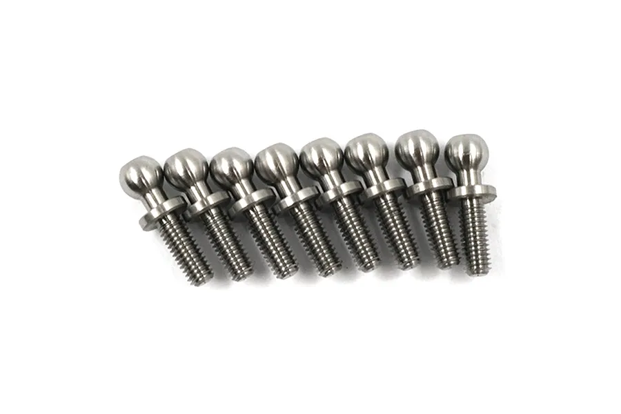 Eight silver-coloured titanium pivot balls arranged in a row against a white background.