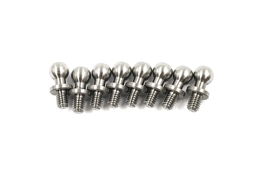 A set of eight silver-coloured metal pivot balls for RC cars arranged in a horizontal row against a white background.