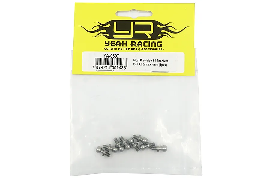 Eight Yeah Racing 64 Titanium 4.75x4mm pivot balls in a clear plastic bag with a yellow header card.