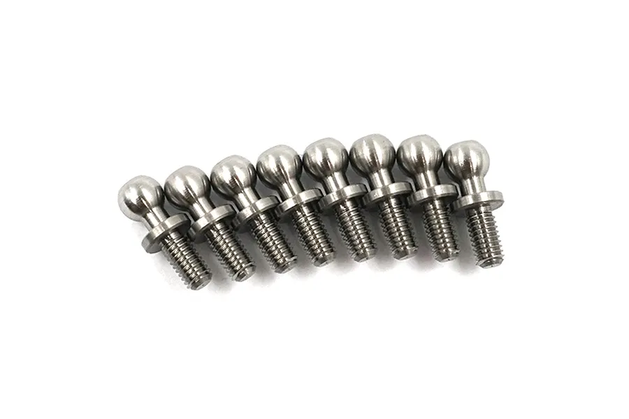 A set of eight silver-coloured metal pivot balls for RC cars arranged in a row against a white background.