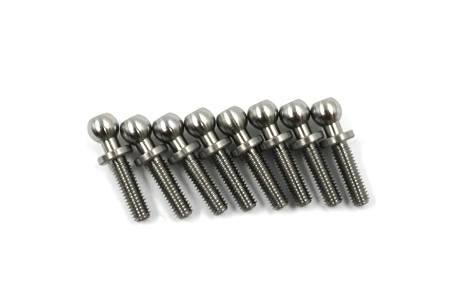 A set of eight silver-coloured titanium pivot balls with threaded shafts arranged in a row against a white background.