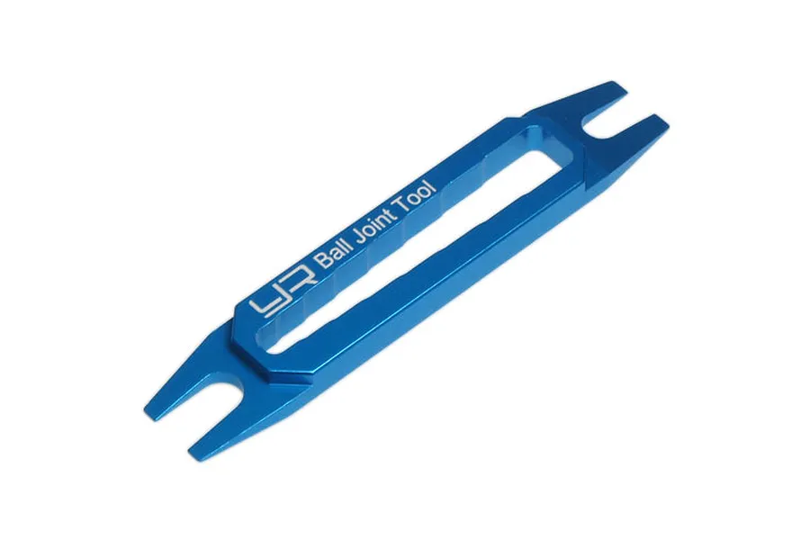 A blue anodized aluminium ball joint tool by Yeah Racing with a central cutout and fork-shaped ends for removing RC ball ends.