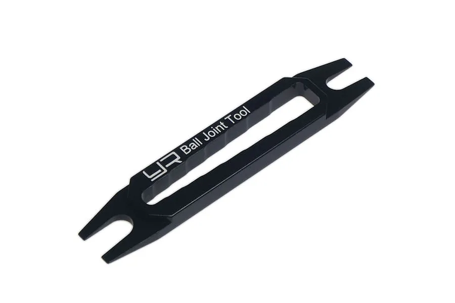 A black aluminium Yeah Racing ball joint tool with a central cutout and fork-shaped ends for removing RC ball ends.