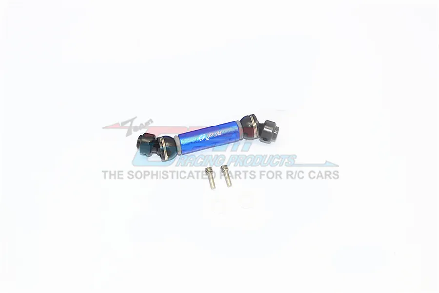 GPM Racing blue aluminium and steel centre rear drive shaft for TRX-6, including two small grub screws, shown on a white background.