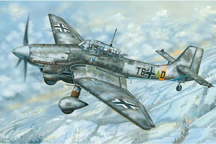 An artistic illustration of a Junkers Ju-87D Stuka dive bomber flying over a snowy landscape, featuring German Luftwaffe markings.