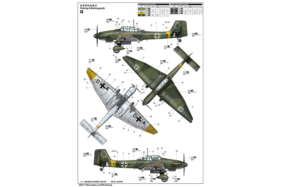 Painting and marking guide for a 1/32 scale Junkers Ju-87D Stuka model kit, showing side and top-down views with color reference charts.