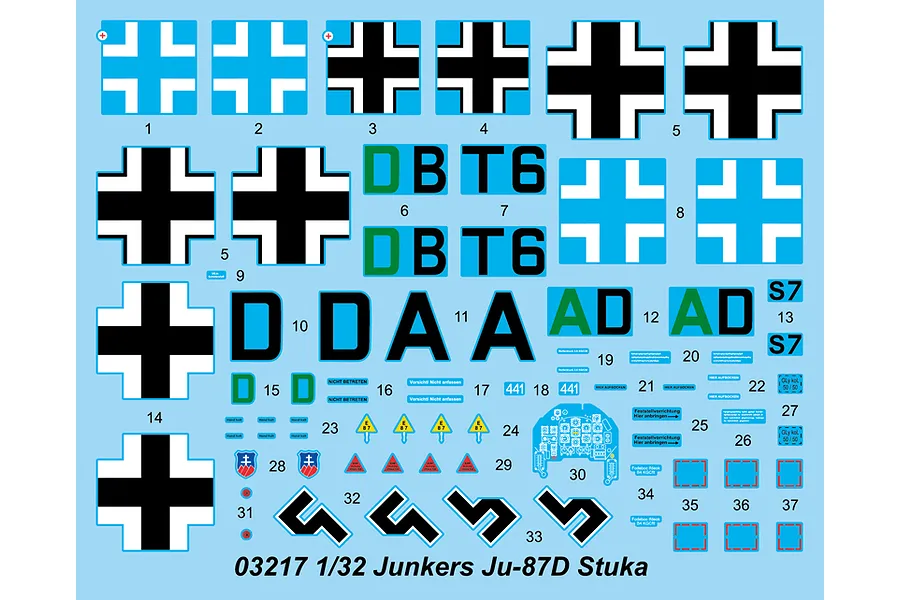 A decal sheet for a 1/32 scale Trumpeter Junkers Ju-87D Stuka model kit, featuring various German military insignias, letters, numbers, and warning labels.