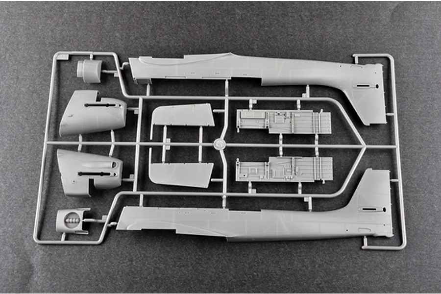 A grey plastic sprue containing fuselage halves and interior cockpit panels for a 1/32 scale Junkers Ju-87D Stuka model kit.