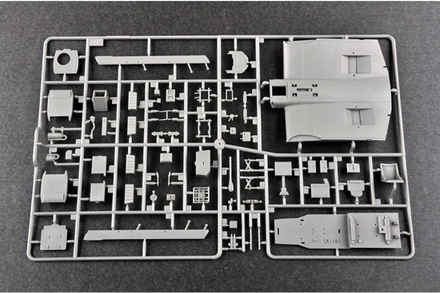 A grey plastic sprue from a Trumpeter 1/32 scale Junkers Ju-87D Stuka model kit, featuring various aircraft parts including a large wing section.
