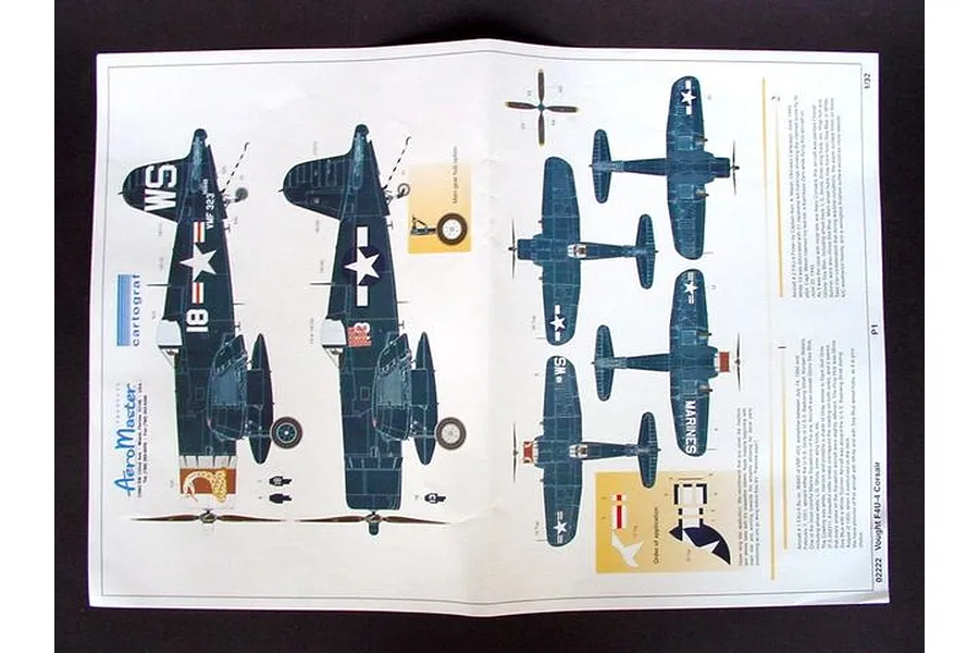 Instruction sheet for a 1/32 scale Vought F4U-4 Corsair model kit showing painting and decal placement guides for two different aircraft liveries.