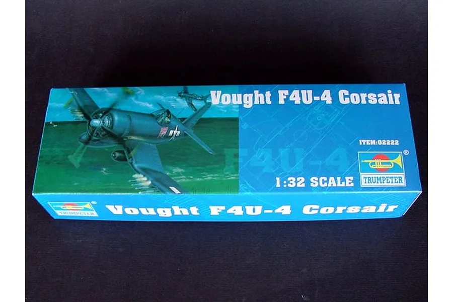 The packaging for a Trumpeter 1/32 scale Vought F4U-4 Corsair plastic model kit, showing an illustration of the aircraft in flight.